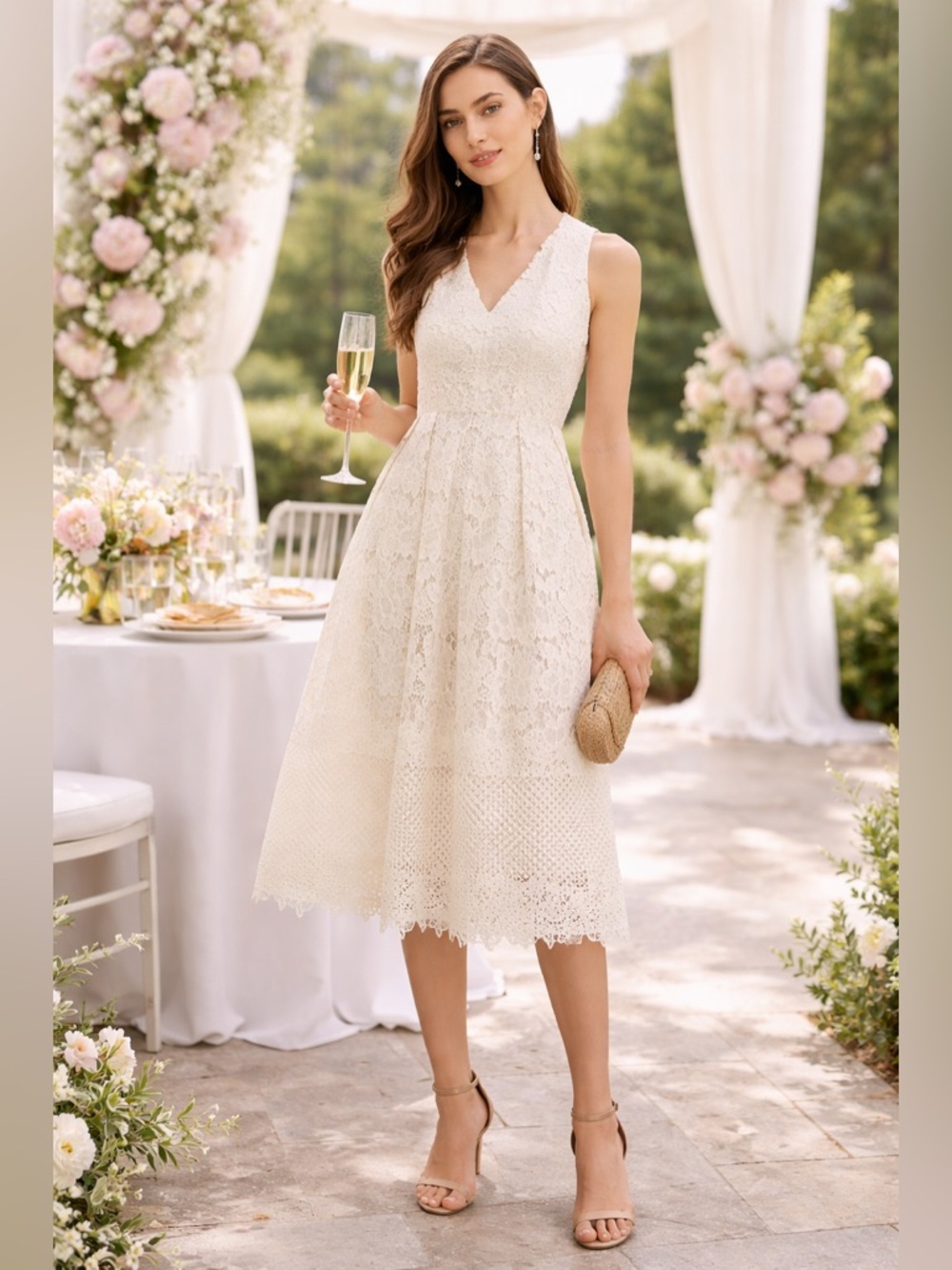 Ann Taylor Ivory Lace Midi Dress 🤍 Bridal Shower Garden Party Wedding Guest